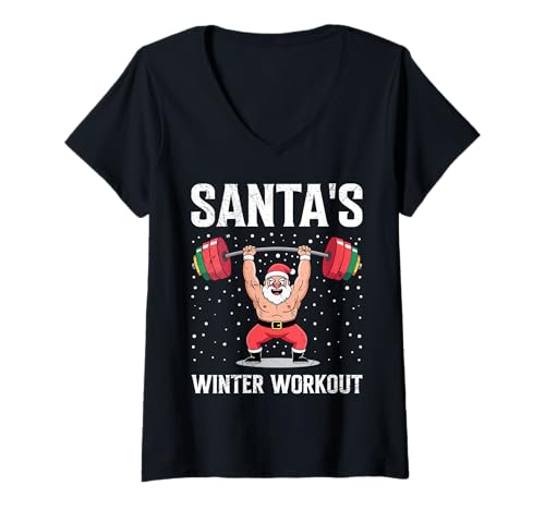 Damen Weihnachtsmann Santa's Winter Workout Lustig Gym T-Shirt mit V-Ausschnitt von Gym Shirt Weihnachten Fitnessstudio Muskeltraining