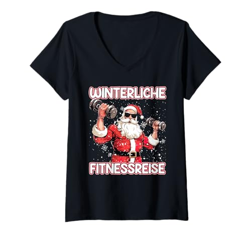 Damen Weihnachtsmann WINTERLICHE FITNESSREISE Lustig Kraftsport T-Shirt mit V-Ausschnitt von Gym Shirt Weihnachten Fitnessstudio Muskeltraining