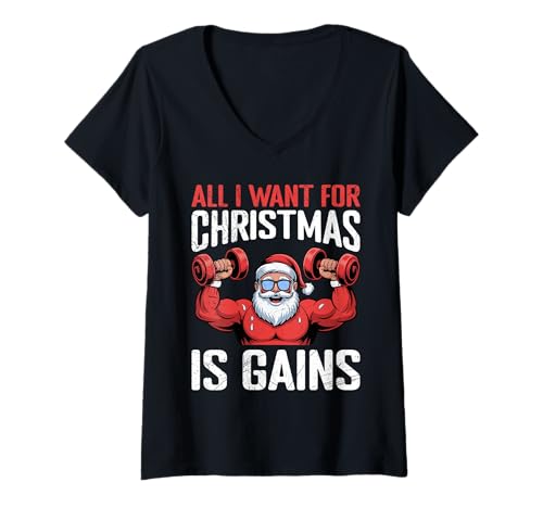 Damen Weihnachtsmann for Christmas I Want Gains Lustig Gym T-Shirt mit V-Ausschnitt von Gym Shirt Weihnachten Fitnessstudio Muskeltraining