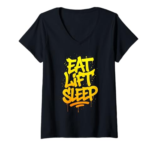 Damen Eat Lift Sleep Graffiti Typografie Kunstwerk T-Shirt mit V-Ausschnitt Damen Eat Lift Sleep Graffiti Typografie Kunstwerk T-Shirt mit V-Ausschnitt von Gym Street