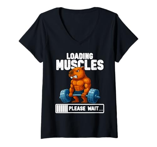 Damen Loading Muscles Capybara Gewichte Heben Lustiges Gym Meme T-Shirt mit V-Ausschnitt Damen Loading Muscles Capybara Gewichte Heben Lustiges Gym Meme T-Shirt mit V-Ausschnitt von Gym Weight Training Capybara Tees Apparel Co