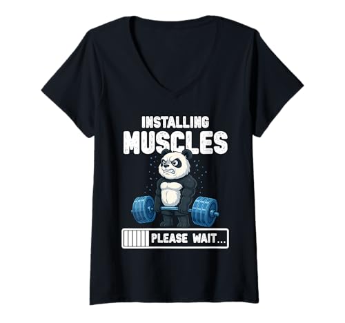 Damen Muskeln installieren Lustige Panda-Gym-Grafik T-Shirt mit V-Ausschnitt Damen Muskeln installieren Lustige Panda-Gym-Grafik T-Shirt mit V-Ausschnitt von Gym Weight Training Panda Graphic Co.