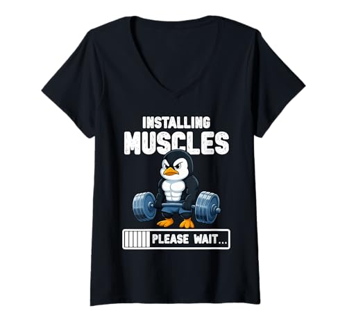 Damen Muskeln installieren Lustiges Penguin Gym Graphic T-Shirt mit V-Ausschnitt von Gym Weight Training Penguin Graphic Co.