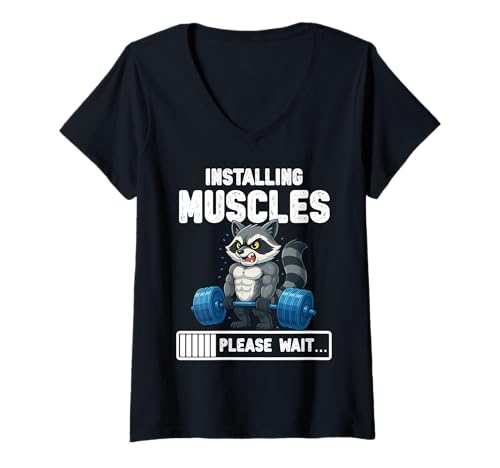 Damen Instaling Muscles Funny Raccoon Gym Graphic T-Shirt mit V-Ausschnitt Damen Instaling Muscles Funny Raccoon Gym Graphic T-Shirt mit V-Ausschnitt von Gym Weight Training Raccoon Graphic Co.