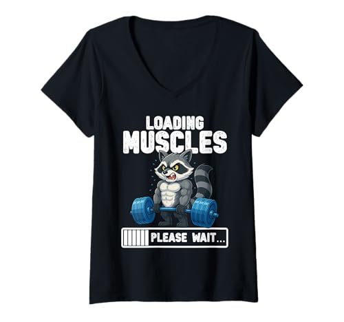 Damen Loading Muscles Waschbär Gewichte Heben Lustiges Gym Meme T-Shirt mit V-Ausschnitt von Gym Weight Training Raccoon Tees Apparel Co.