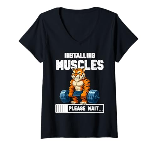 Damen Instaling Muscles Funny Tiger Gym Graphic T-Shirt mit V-Ausschnitt Damen Instaling Muscles Funny Tiger Gym Graphic T-Shirt mit V-Ausschnitt von Gym Weight Training Tiger Graphic Co.