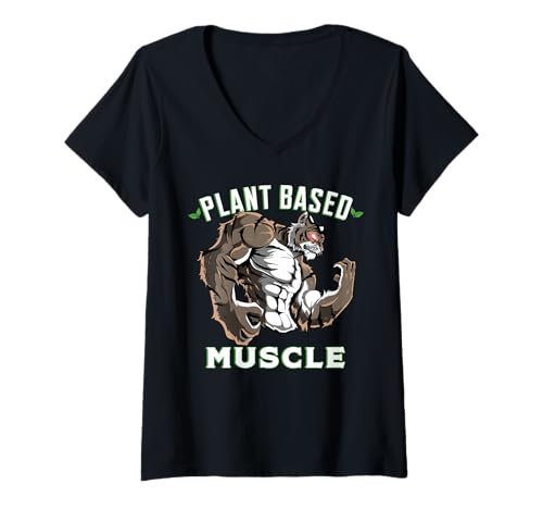 Damen Pflanzenbasierte Muskeln Tiger Powerlifter Workout Gym Vegan T-Shirt mit V-Ausschnitt von Gym Workout Portraits & Training Tees