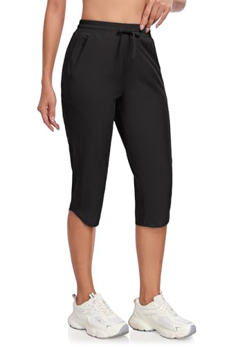 GymBrave Damen Caprihose 3/4 Lange mit 6 Taschen Schnell trocknend Leicht Cargo-Hose UPF 50 für Outdoor Wanderhose Reisen Schwarz Größe S von GymBrave