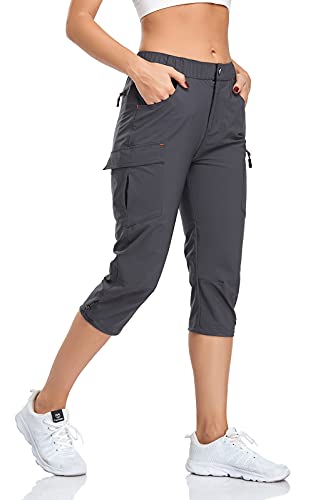 GymBrave Wanderhose Damen 3/4 Trekkinghose Stretch Leiche schnell trocknend Cargo Caprihose Sommer Outdoor UPF 50 mit Reißverschlusstaschen Grau XXL von GymBrave