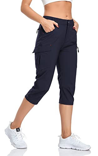 GymBrave Wanderhose Damen 3/4 Trekkinghose Stretch Leiche schnell trocknend Cargo Caprihose Sommer Outdoor UPF 50 mit Reißverschlusstaschen Marineblau M von GymBrave