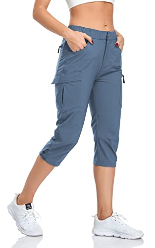 GymBrave Wanderhose Damen 3/4 Trekkinghose Stretch Leiche schnell trocknend Cargo Caprihose Sommer Outdoor UPF 50 mit Reißverschlusstaschen Steinblau M von GymBrave