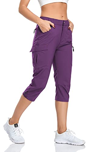 GymBrave Wanderhose Damen 3/4 Trekkinghose Stretch Leiche schnell trocknend Cargo Caprihose Sommer Outdoor UPF 50 mit Reißverschlusstaschen Violett S von GymBrave