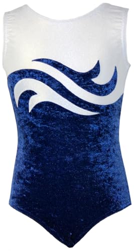 Turnanzug WELLE CRASH Samt Mädchen Gymnastikanzug kurzarm Kinder Turnbody ärmellos Turntrikot Farbe DUNKELBLAU/WEISS, Größe 170/176 von GymStern