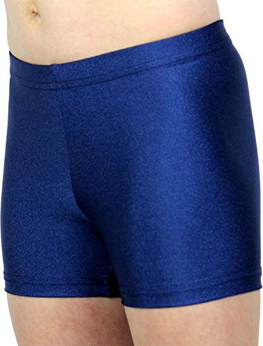 GymStern Shorty Mädchen Sporthose Glanz Lycra bi-elastisch Kinder Hipster kurze Fitnesshose Hüfthose Hot Pants Balletthose Yogahose Farbe Dunkelblau, Größe 140 von GymStern