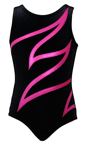 Gymnastikanzug Plamak Basic Stretch Velvet & Glitzerlycra Turnanzug Mädchen Samt Kurzarm Kinder Turnbody Gymnastiktrikot Turntrikot Turn Gymnastik Trikot (Schwarz - Pink, 128) von GymStern