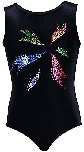 Gymnastikanzug Sterne Lycra Mädchen Turnanzug Kurzarm Kinder Turnbody kurzärmlich, Größe:128, Farbe:Samt in Schwarz/FLORA von GymStern