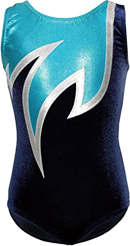 Gymnastikanzug Turnanzug Modell Java Spezial Samt & Glitzerlycra Kurzarm Turnbody, Größe:176, Farbe:Blau/Weiß/Türkis von GymStern