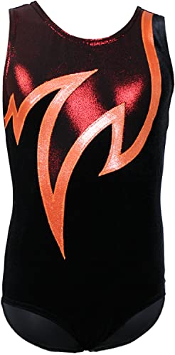 Gymnastikanzug Turnanzug Modell Java Spezial Samt & Glitzerlycra Kurzarm Turnbody, Größe:128, Farbe:Schwarz/Orange/Rot von GymStern