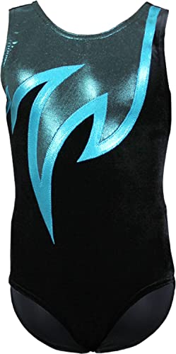 Gymnastikanzug Turnanzug Modell Java Spezial Samt & Glitzerlycra Kurzarm Turnbody, Größe:146-152, Farbe:Schwarz/Türkis/Petrol von GymStern