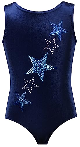 Gymnastikanzug Turnanzug Sterne Strasssteine Mädchen Kurzarm Kinder Turnbody, Größe:158-164, Farbe:Samt Blau - Türkis von GymStern