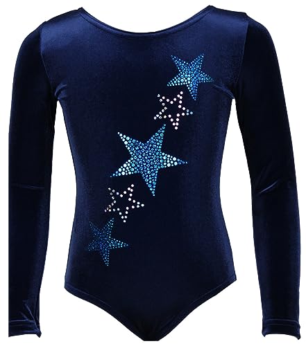 Gymnastikanzug Turnanzug Sterne Strasssteine Mädchen Langarm Kinder Turnbody, Größe:116, Farbe:Samt in Blau mit Türkis von GymStern
