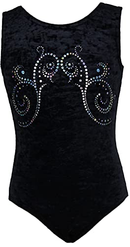 Mädchen KURZARM Gymnastikanzug aus Stretch Velvet blickdichter Kinder Turnanzug mit Rundhals Samt & Hexagon-Pailletten Turnbody Gymnastiktrikot Turntrikot, Größe:122-128, Farbe: SCHWARZ CRASH KOREA von GymStern