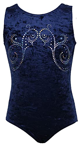 Mädchen KURZARM Gymnastikanzug aus Stretch Velvet blickdichter Kinder Turnanzug mit Rundhals Samt & Hexagon-Pailletten Turnbody Gymnastiktrikot Turntrikot, Größe:134-140, Farbe: DUNKELBLAU CRASH KOREA von GymStern