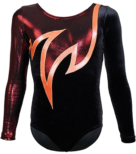 Turnanzug Java Spezial Samt o. Lycra langarm Gymnastikanzug Turnbody langärmlich, Größe:128, Farbe:Samt Schwarz - Orange & Rot von GymStern
