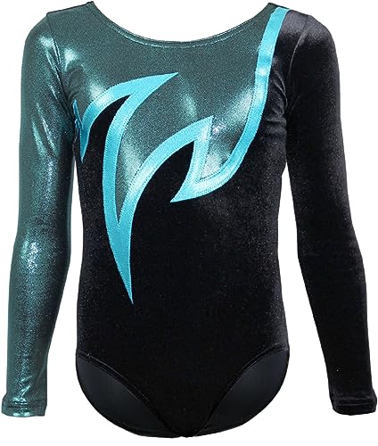 Turnanzug Java Spezial Samt o. Lycra langarm Gymnastikanzug Turnbody langärmlich, Größe:152, Farbe:Samt Schwarz - Türkis & Petrol von GymStern