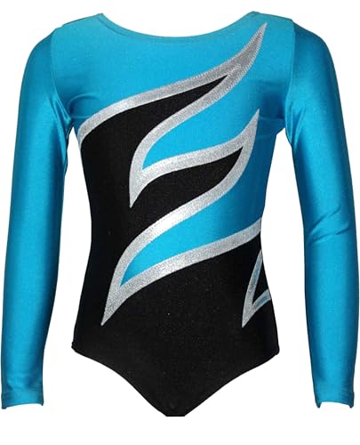 Turnanzug PLAMAK SPEZIAL Glanz Lycra Mädchen Gymnastikanzug langarm Kinder Turnbody langärmlich Farbe SCHWARZ/WEIß/TÜRKIS, Größe 140 von GymStern