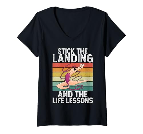 Damen Gymnastiktrainer „Stick the Landing“ und „Life Lessons“ T-Shirt mit V-Ausschnitt von Gymnastics Coach Gifts
