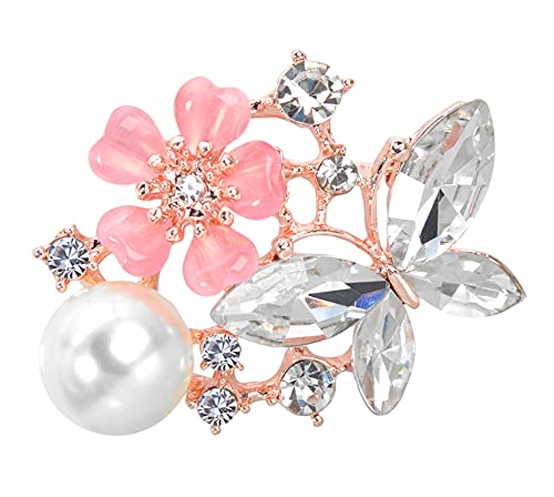 Gyn&Joy Damen-Blumen- und Schmetterlings-Brosche, Schmuck mit Kunstperlen und Kristallen, Kunstperlen, Strasssteine, Kristall von Gyn&Joy