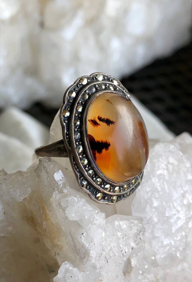 Art Deco 1920Er Sterling Silber Markasit Orange Gebänderter Achat Vintage Ring von GypsyRoadStudio