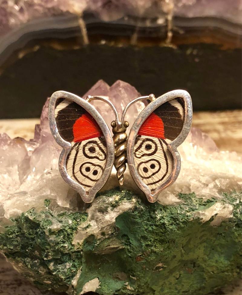 Atemberaubende Echte Schmetterlingsflügel 950 Sterling Silber Vintage Desinger Ring Handarbeit in Peru von GypsyRoadStudio