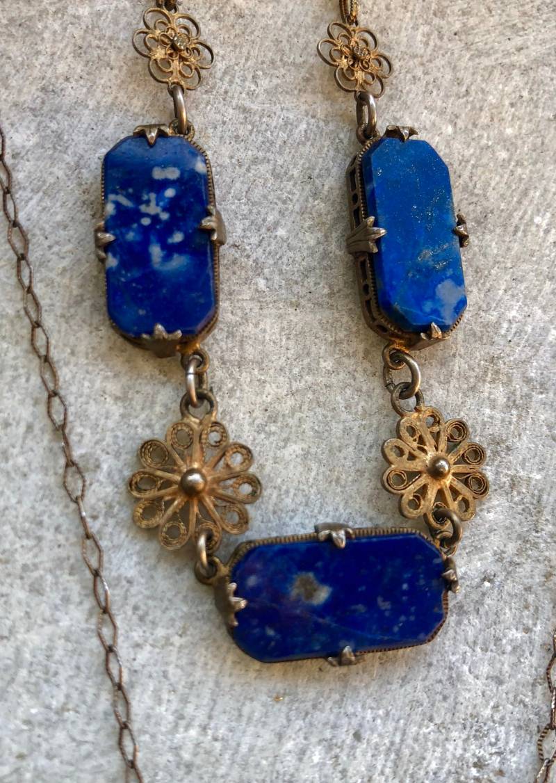 Atemberaubende Jugendstil Sterling Silber Filigrane Blaue Lapis Vintage Antike Halskette von GypsyRoadStudio