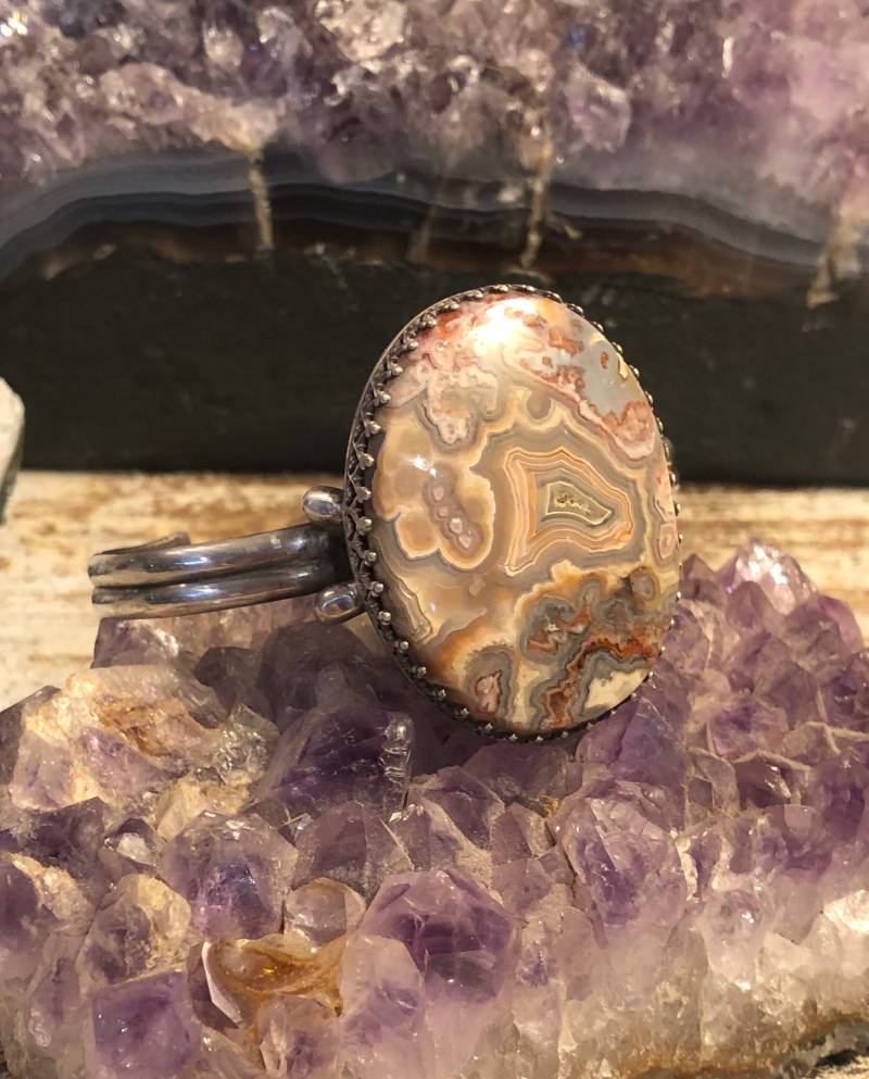 Atemberaubende Spitze Achat Verzierten Sterlingsilber Modernist Vintage Manschette Armband von GypsyRoadStudio