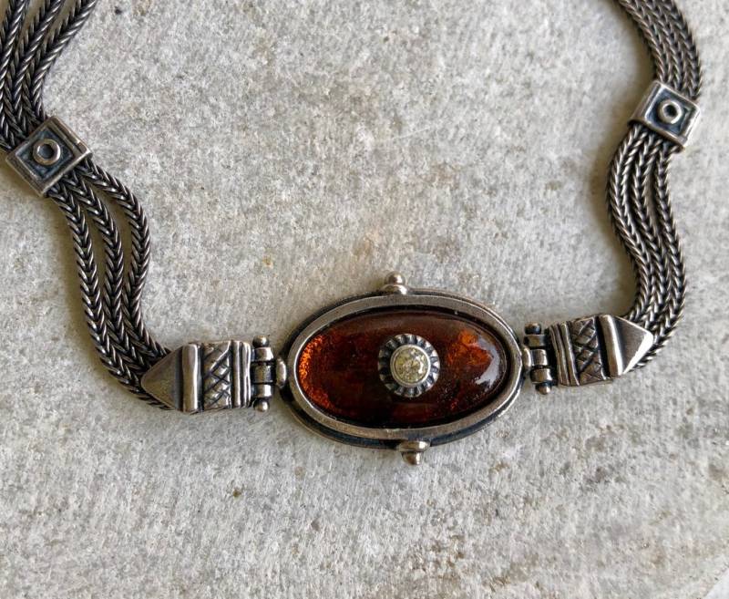 Elegantes Byzantiner Sterling Silber Bernstein Natürlicher Zirkon Multi Chain Vintage Armband von GypsyRoadStudio