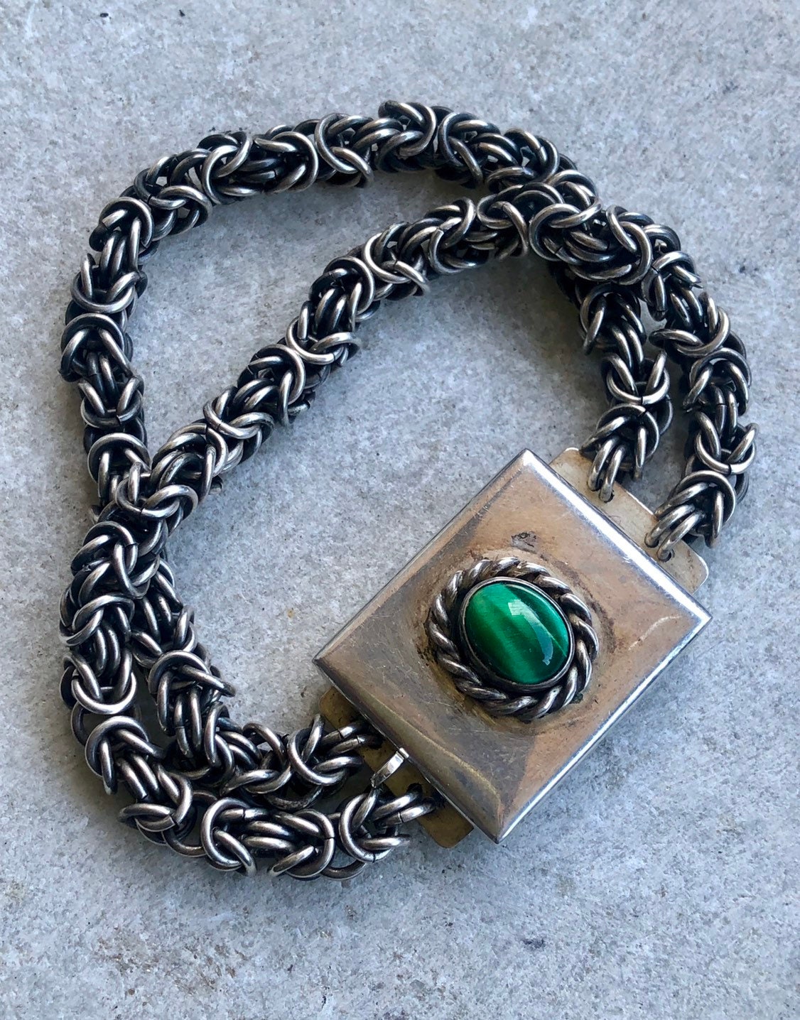 Grüner Katzenauge Stein Sterling Silber Vintage Armband von GypsyRoadStudio