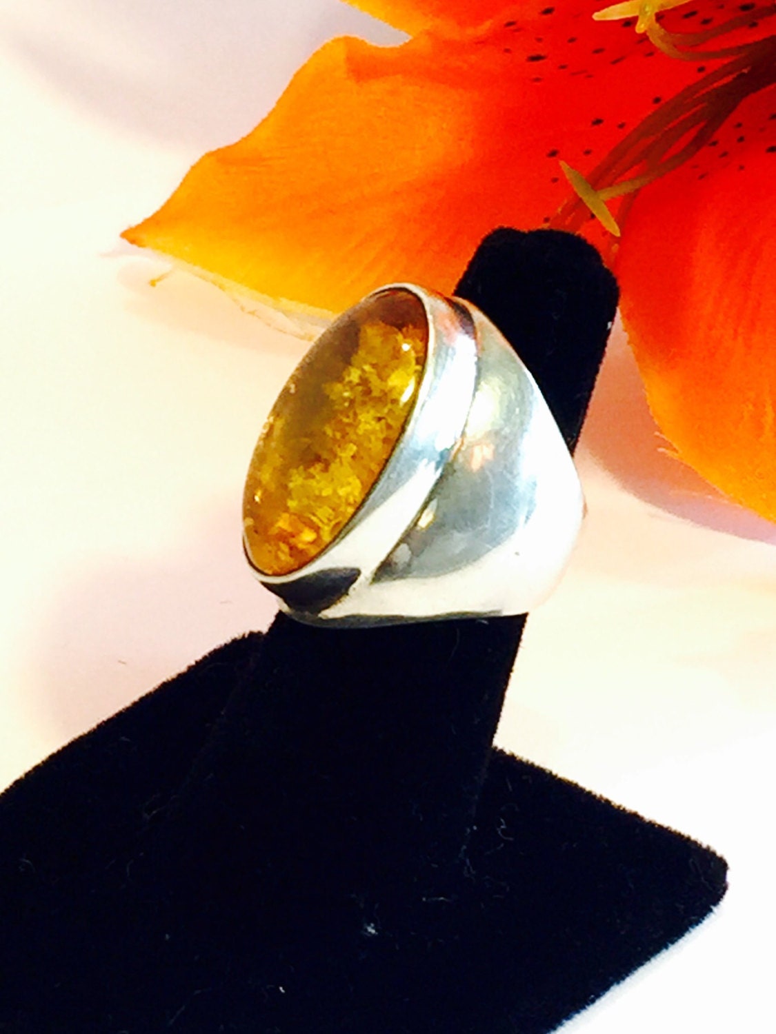 Moderner Mid Century Offener Sterling Silber Bernsteinring von GypsyRoadStudio