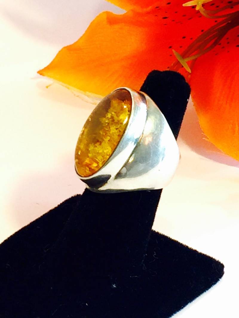 Moderner Mid Century Offener Sterling Silber Bernsteinring von GypsyRoadStudio