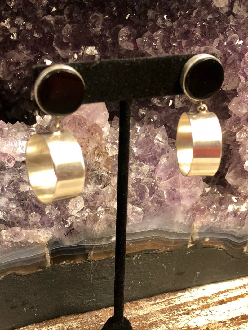 Modernist Designer Sterling Silber Hoop Schwarzer Onyx Vintage Ohrringe Singed Anne Harvey von GypsyRoadStudio