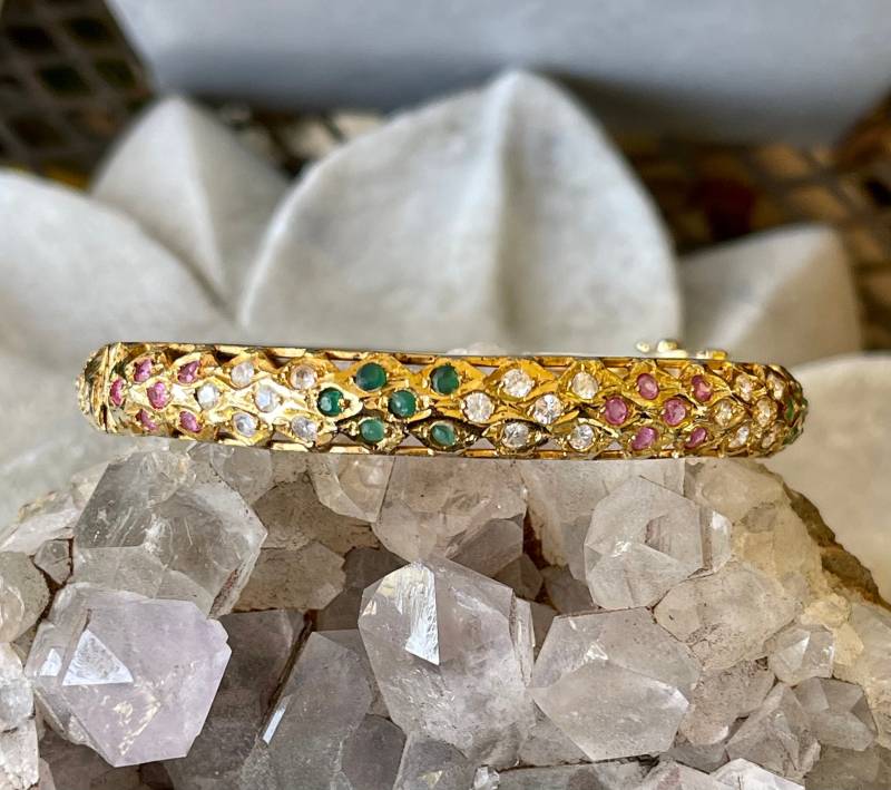 Multi Edelstein Smaragd Rubin Weiß Saphir Sterling Silber Gold Vergoldet Vintage Armreif Armband von GypsyRoadStudio