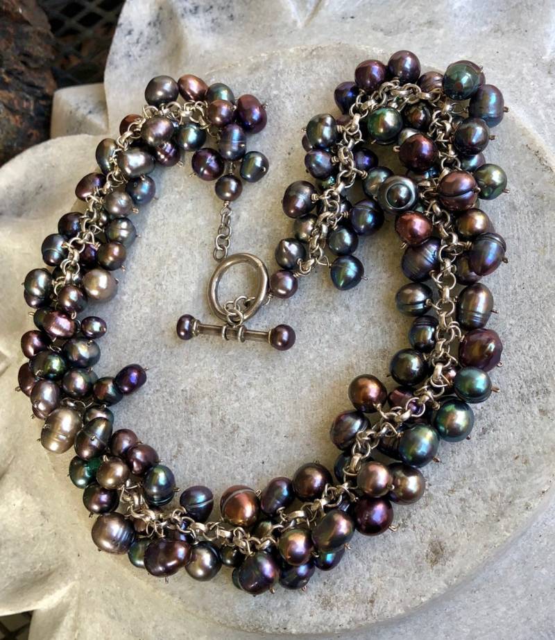 Schöne Schwarze Regenbogen Perlen Sterling Silber Vintage Bib Festoon Chacha Halskette von GypsyRoadStudio