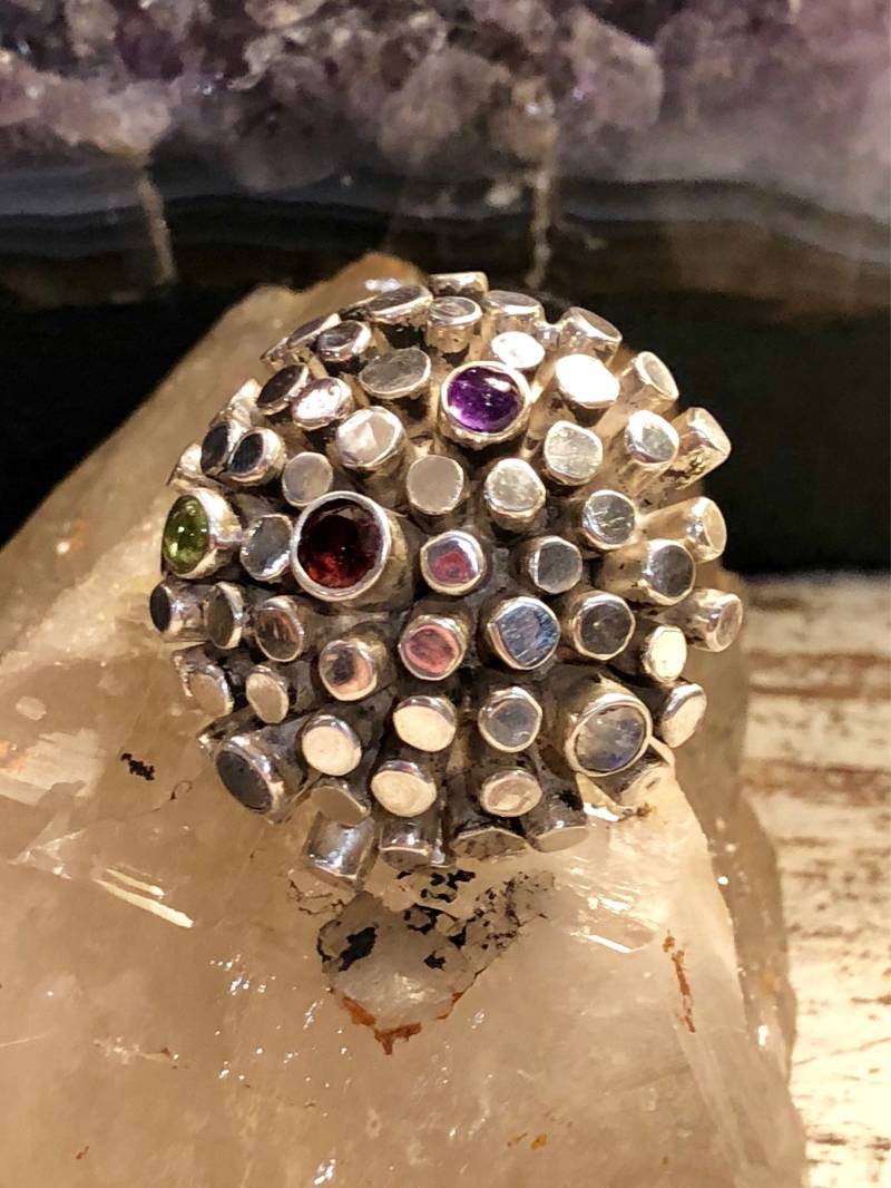 Sterling Silber Amethyst Mondstein Granat Peridot Multi Stone Starburst Vintage Ring von GypsyRoadStudio