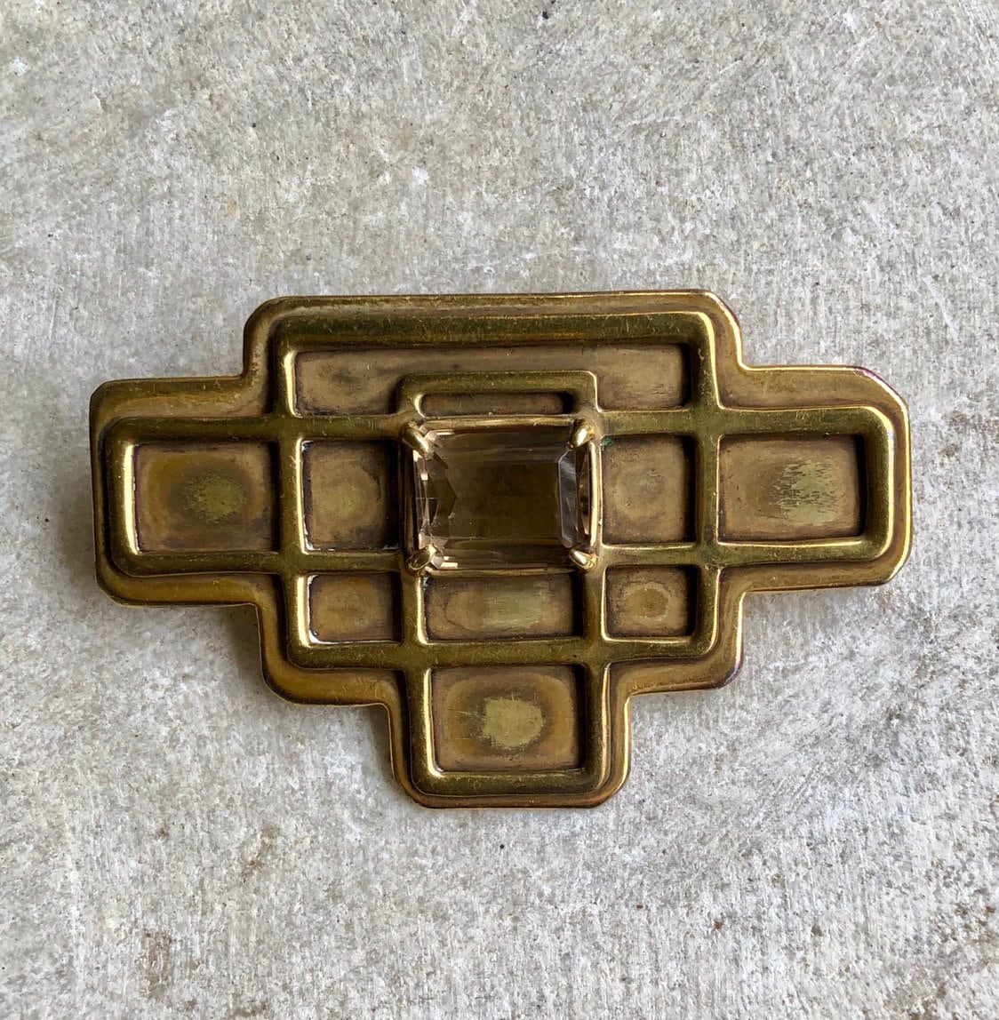 Wunderschöne Art Deco Modernist Messing Rauchquarz Vintage Antik Brosche von GypsyRoadStudio
