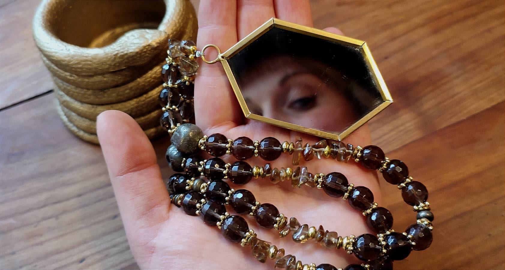 Halskette "Spiegeleffekt" Rauchquarz Hämatit Spiegel Spieglein Messing Gold Facettiert Heilstein von GypsysJourneyJewelry