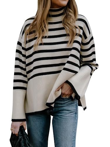 Gyrans 2023 Damen Langarm Gestreifter Pullover Rollkragen Lässige Lose Seite Split Rippstrick Übergroße Pullover Jumper Tops, Beige Weiß, Mittel von Gyrans