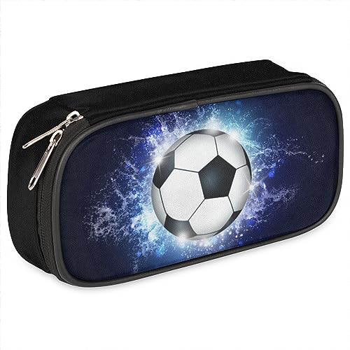 GzLeyigou Federmäppchen aus Leder, mit Fußballmotiv, mit großem Fassungsvermögen, schwarz, für Jungen und Mädchen, Fußball-Federmäppchen, Aufbewahrungsbox für Schule, Uni, Büro von GzLeyigou