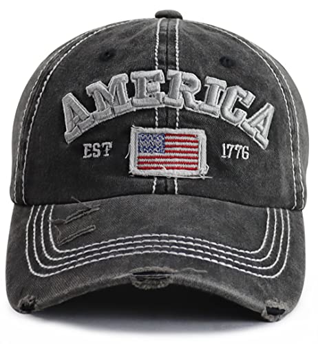 Amerikanische Flagge Hüte für Männer und Frauen, USA Patriots Geschenke Verstellbare bestickte Baumwolle Distressed Baseball Cap, America Est 1776 Schwarz, Einheitsgröße von GzacDeope