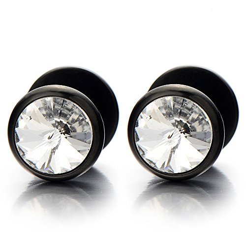 8MM Schwarz Herren Damen Ohrringe Zirkonia Edelstahl Ohrstecker Fakeplugs Fake Plug Tunnel Ohr-Piercing, 2 stück von COOLSTEELANDBEYOND